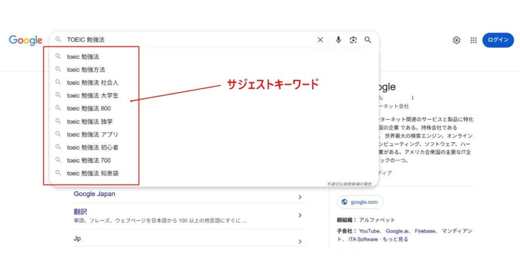 Googleの検索画面に表示されるサジェストキーワード