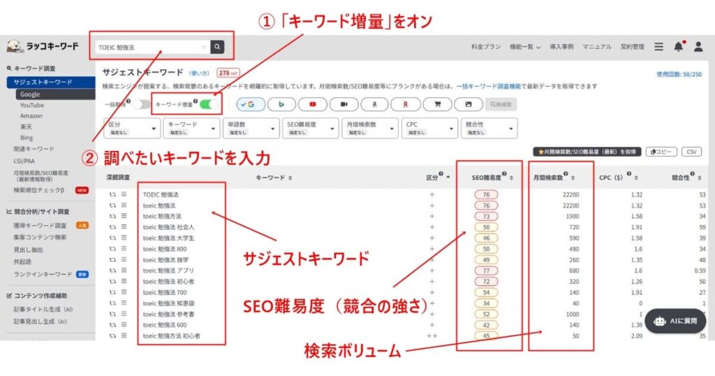 ラッコキーワードで複合キーワードを取得する方法